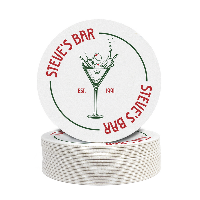 A stack of white coasters with the logo of Steve's Bar.