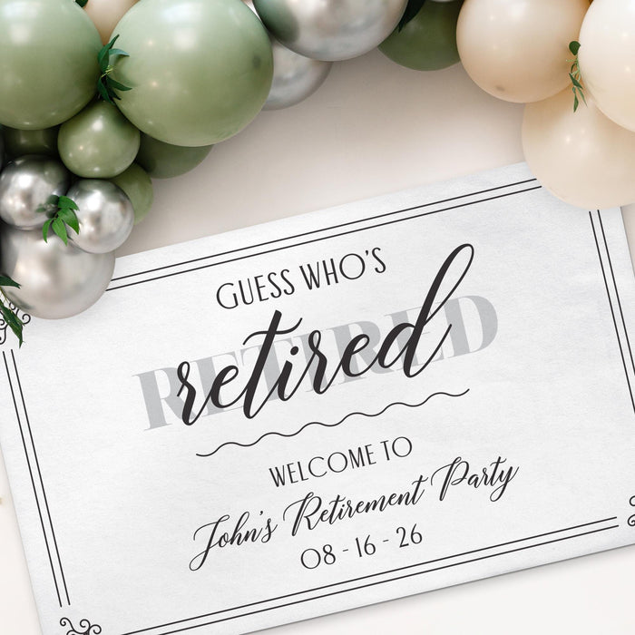 Close-up angled view of the Guess Who's Retired banner showcasing the elegant typography, personalized name, and retirement party date.