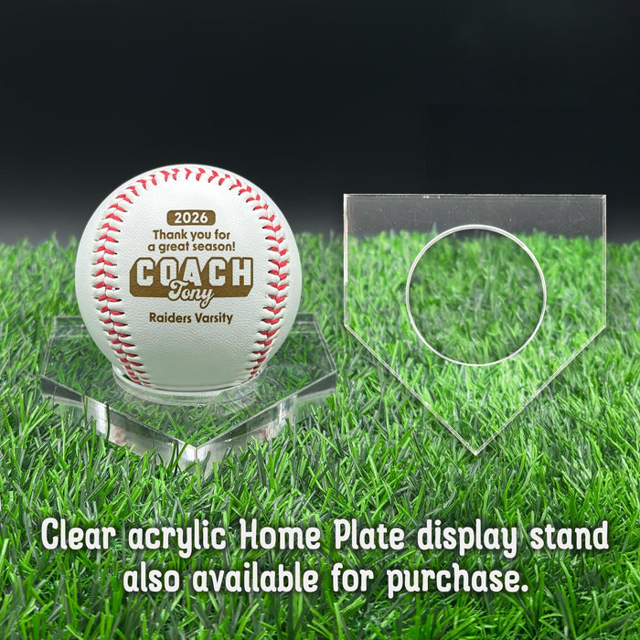 A personalized baseball with red stitching is placed on a clear acrylic stand, accompanied by a text overlay that reads Clear acrylic Home Plate display stand also available for purchase.