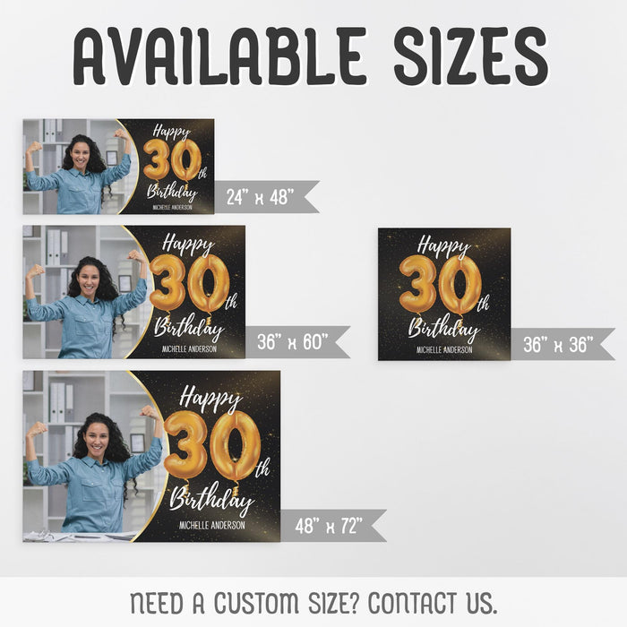 Available size options for the personalized black and gold birthday banner, including four banner sizes and custom sizing information.