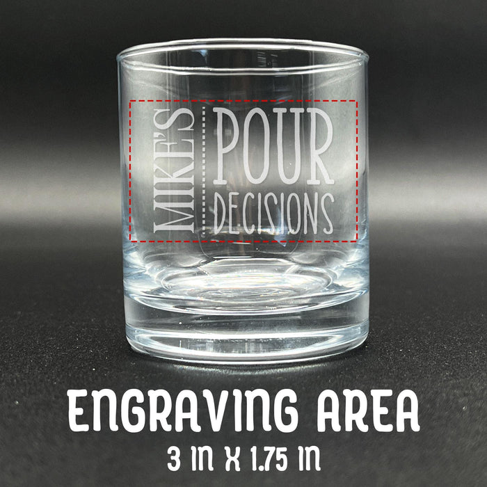Close-up image showing the engraving area dimensions of the whiskey glass, measuring 3 inches by 1.75 inches. The red outline helps customers visualize the placement and size of the personalized design on the glass.