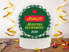 A stack of custom pulpboard coasters are shown sitting on a wooden table surrounded by colorful confetti. The coasters read Ashley Masters Retirement 2026. These feature a red, green, and yellow Masters-themed retirement party design with the retiree’s name and retirement date.
