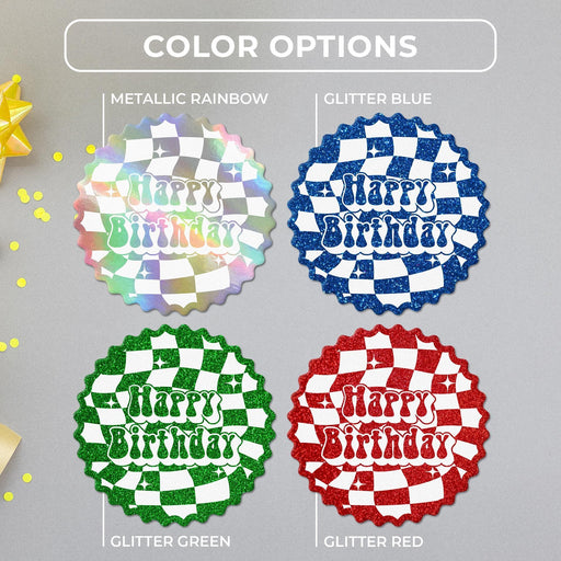 Groovy checkered birthday tag color options in metallic rainbow, glitter blue, glitter green, and glitter red shown together.