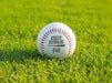 An engraved baseball sits outside on green grass. The engraved design features the player's name, jersey number, and a baseball bat graphic.