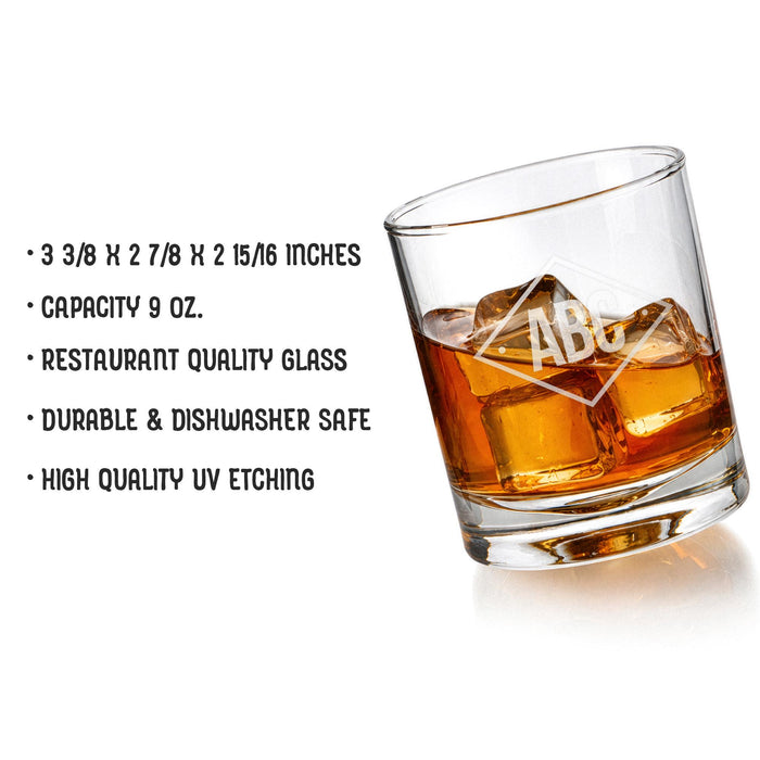 Product information image showing glass dimensions, 9 oz capacity, restaurant-quality material, dishwasher-safe durability, and high-quality UV etching. A tilted glass highlights the shape and engraving detail.