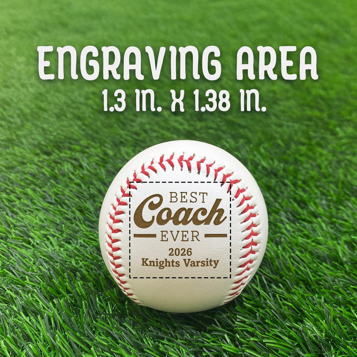 A baseball with a personalized message engraved on it, placed on a grassy surface. Accompanied by a text overlay that reads Engraving Area is 1.3 in X 1.38 in