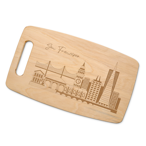 San Francisco skyline maple cutting board displayed on a white background.