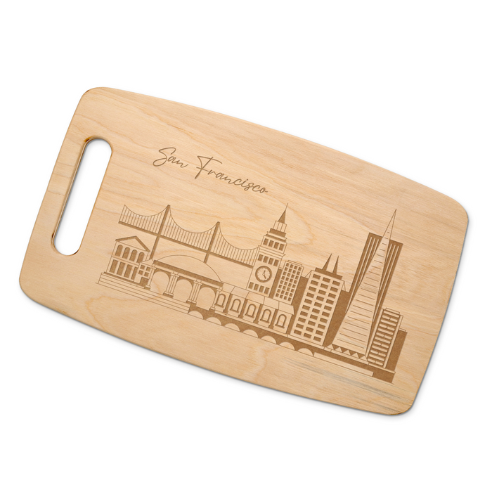San Francisco skyline maple cutting board displayed on a white background.