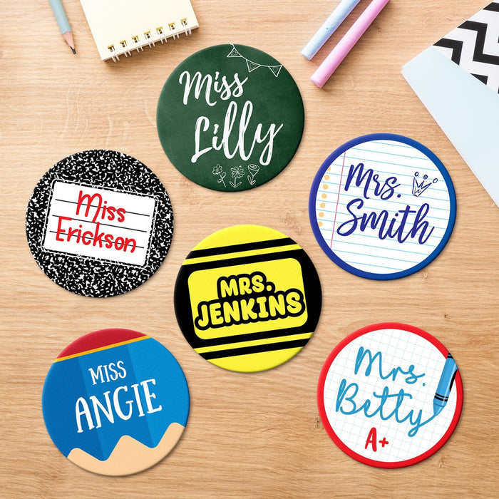Personalized teacher coasters set featuring 6 different school-themed designs with custom names. Perfect for teacher gifts and classroom use.