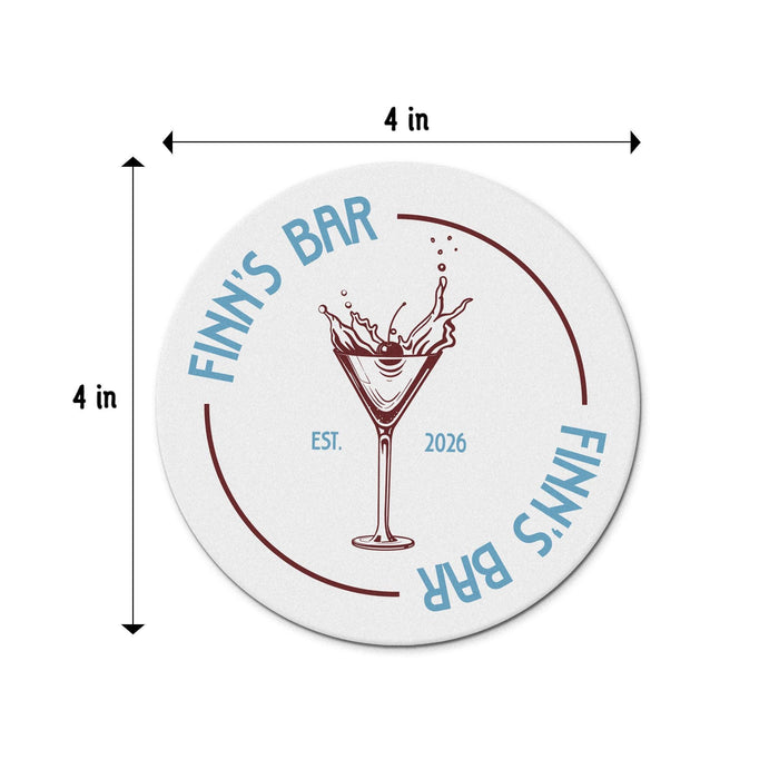 Size guide showing the personalized martini coaster at approximately 4 inches round, with the custom bar name, martini illustration, and established year.