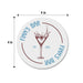 Size guide showing the personalized martini coaster at approximately 4 inches round, with the custom bar name, martini illustration, and established year.
