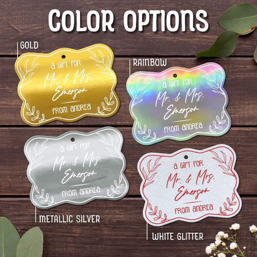 The “Mr. & Mrs.” wedding gift tag design shown in Gold, Rainbow, Metallic Silver, and White Glitter foil finishes. Personalized foil cardstock tags are customized with couple and sender names.