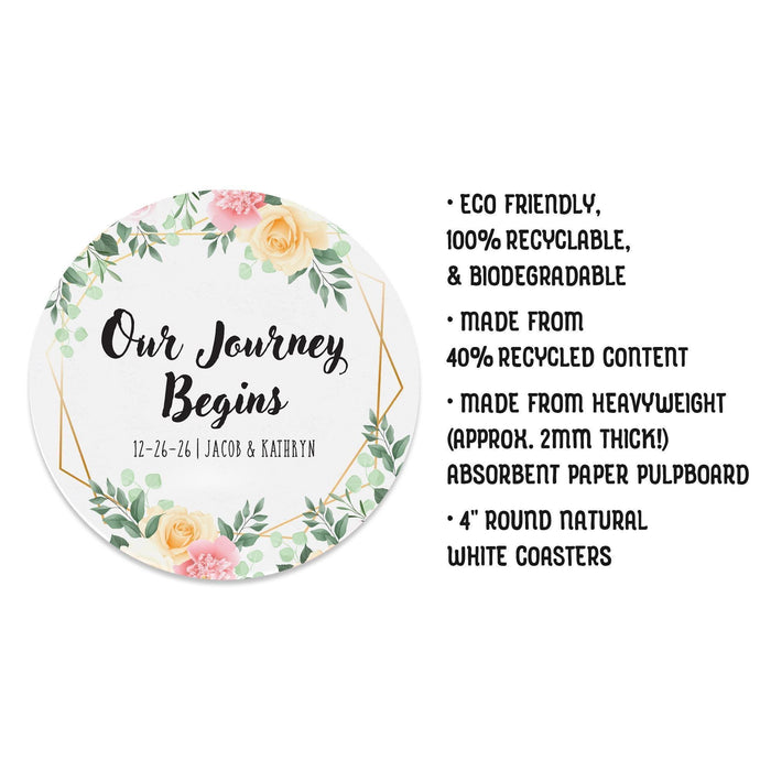 Product details and specifications for personalized Save the Date coasters, including size and material information.