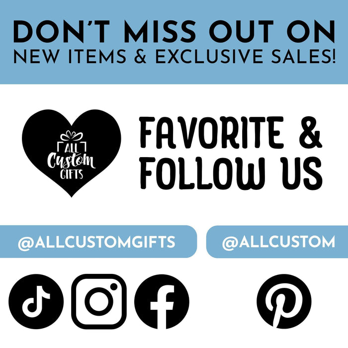 All Custom Gifts social media graphic inviting customers to follow for new products and sales.