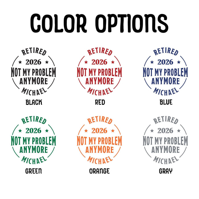 Color chart showing available print color options for the personalized retirement golf ball design, including black, red, blue, green, orange, and gray.