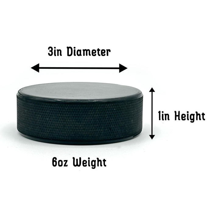 Side view of the personalized birth announcement hockey puck showing its 3-inch diameter, 1-inch height, and 6-ounce weight.