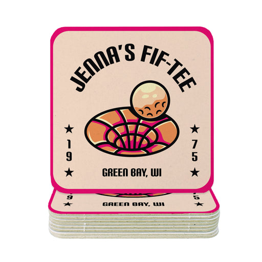 A stack of coasters with a pink and white design featuring a hole and a golf ball.