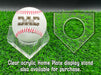 A personalized baseball with red stitching is placed on a clear acrylic stand, accompanied by a text overlay that reads Clear acrylic Home Plate display stand also available for purchase.