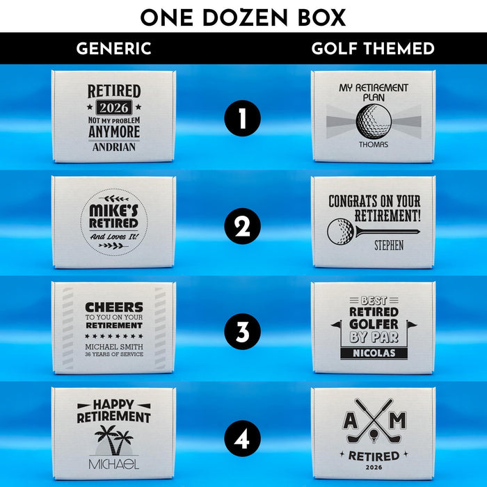 Design selection guide showing all available One Dozen retirement gift box designs. Includes generic and golf-themed retirement designs sized for a full dozen golf balls.