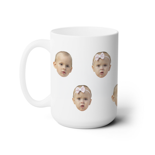 A white ceramic mug with a collage of four baby faces superimposed on it, each face with a bow.