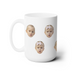 A white ceramic mug with a collage of four baby faces superimposed on it, each face with a bow.