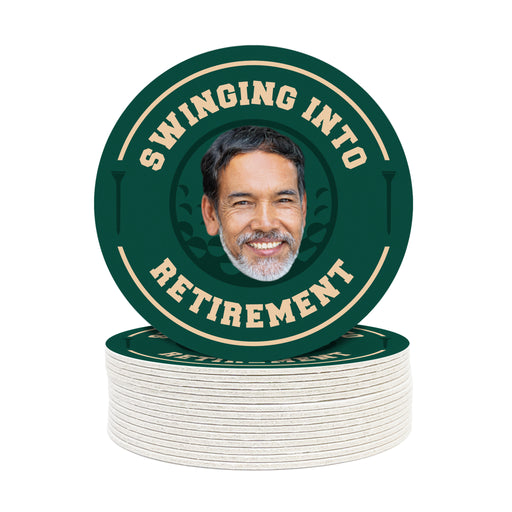A stack of green and white coaster-like objects with a photo of a smiling man's face on them.