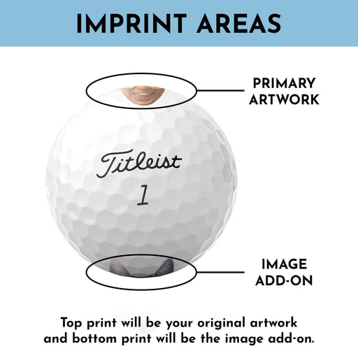 Image shows imprint areas on double-sided golf ball. Top print will be your original artwork and bottom print will be the image add-on.