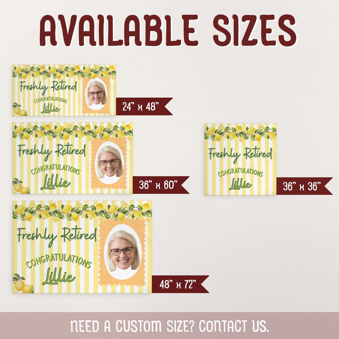Size chart displaying all available banner sizes including 24" x 48", 36" x 60", 48" x 72", and 36" x 36". Shows how the Freshly Retired banner appears in each size option.