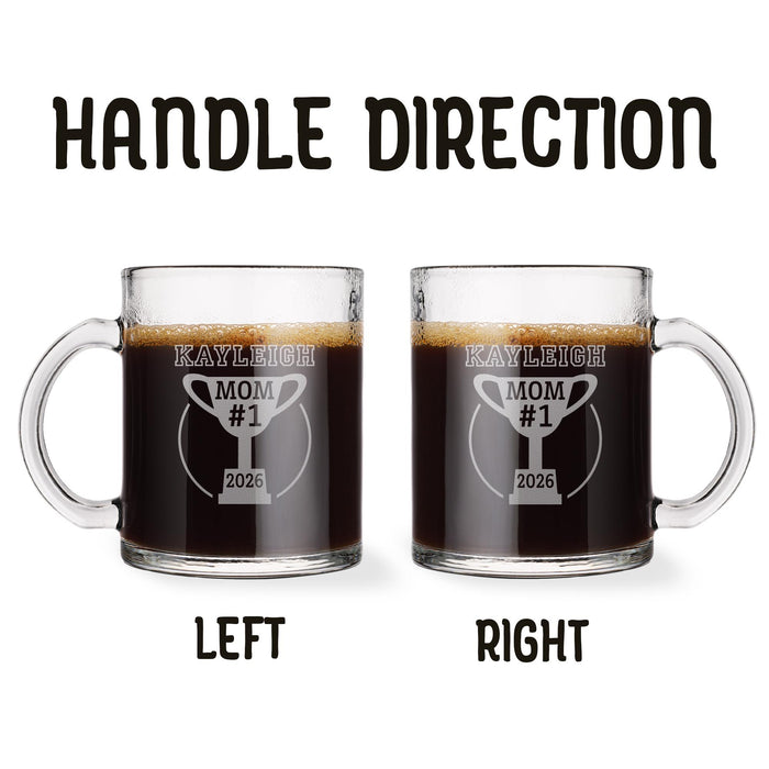 Two identical glass mugs with the text engraved on them. Each showcasing handle direction, LEFT or RIGHT.