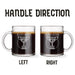 Two identical glass mugs with the text engraved on them. Each showcasing handle direction, LEFT or RIGHT.