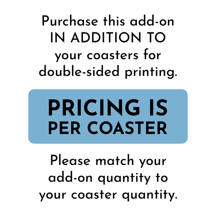 a sign that provides information about purchasing additional coasters for double-sided printing. The sign instructs to match the add-on quantity to the coaster quantity and mentions that the pricing is per coaster.