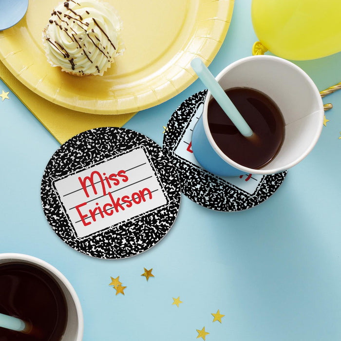Teacher coaster in use with drinks and snacks on a table. Shows practical use for coffee or tea.