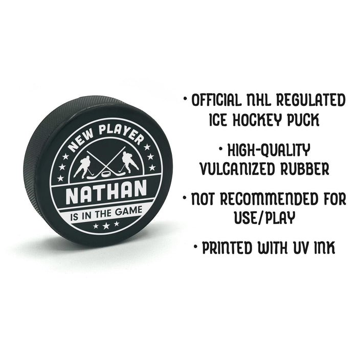 Product details graphic showing the UV printed personalized birth announcement hockey puck with notes about material, size, and display use.
