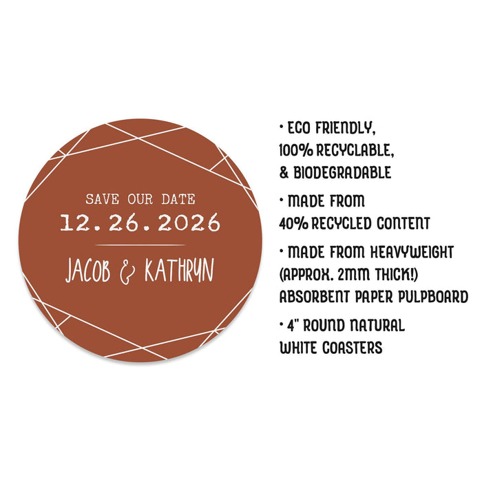 Product details and specifications for personalized Save the Date coasters, including size and material information.