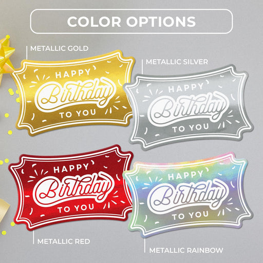 Confetti birthday tag color options in metallic gold, metallic silver, metallic red, and metallic rainbow.