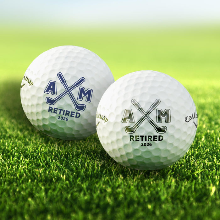 Set of personalized golf balls featuring the Retired Monogram design. Customized with initials and a retirement year for a unique retirement gift.