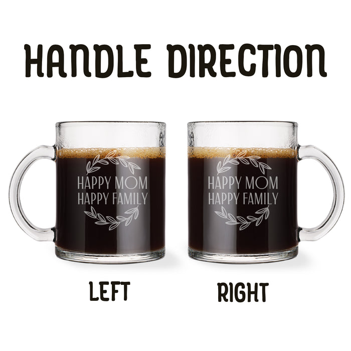 Two identical glass mugs with the text engraved on them. Each showcasing handle direction, LEFT or RIGHT.
