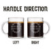 Two identical glass mugs with the text engraved on them. Each showcasing handle direction, LEFT or RIGHT.