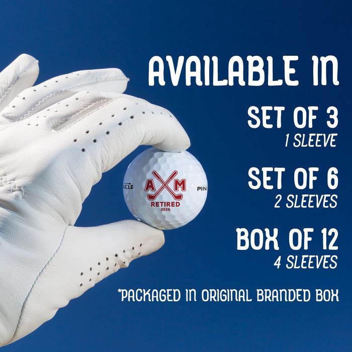 Personalized retirement golf balls available in sets of 3, 6, or 12. Golf balls are packaged in original branded sleeves based on the quantity selected.