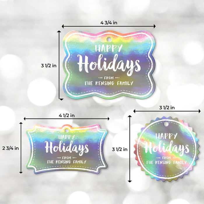Personalized Christmas gift tag size guide showing rounded rectangle, slim rectangle, and round tag dimensions on a soft white holiday background.