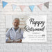 Retirement banner mounted on a white brick wall featuring a custom photo, retirement message, and service recognition. Perfect for retirement party décor and photos.