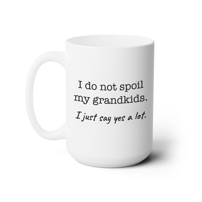 A white ceramic mug with a humorous text printed on it.