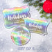 Set of 6 personalized Happy Holidays gift tags in three shapes displayed on a snowy Christmas background with evergreen branches and a red ornament.