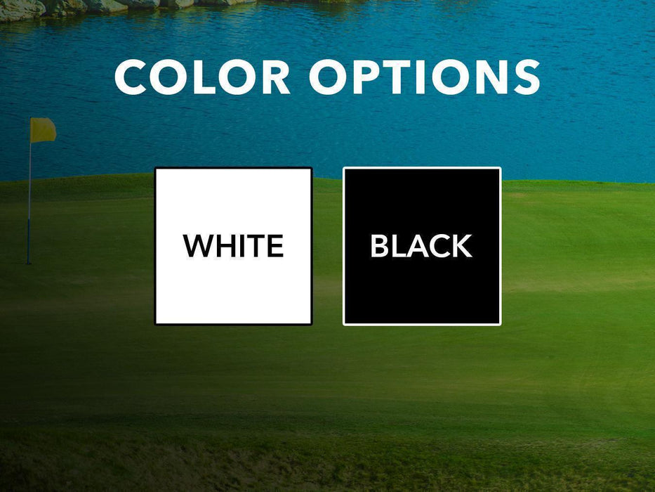 Color options include white and black. Background image is of a golf course by a pond.