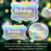 Set of 6 personalized Happy Holidays gift tags in three shapes displayed against a blurred Christmas tree with warm holiday lights.