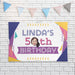 Personalized retro 80s birthday banner displayed on a white brick wall with party bunting.
