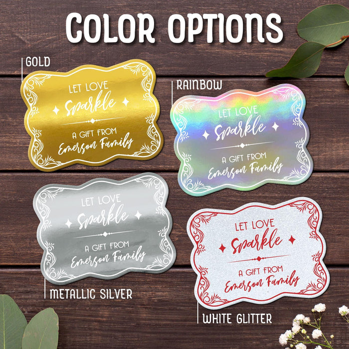 The “Let Love Sparkle” wedding gift tag design shown in Gold, Rainbow, Metallic Silver, and White Glitter foil finishes. Personalized foil cardstock tags feature decorative accents and custom names.