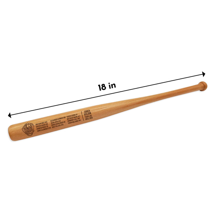 A mini wooden baseball bat with text and measurements on it. The bat measures 18" inches long.