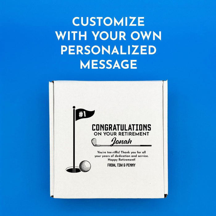 A white gift box with a custom message that reads "CONGRATULATIONS ON YOUR RETIREMENT Jonah" printed on it. Text above the box reads, "Customize with your own personalized message".