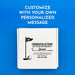 A white gift box with a custom message that reads "CONGRATULATIONS ON YOUR RETIREMENT Jonah" printed on it. Text above the box reads, "Customize with your own personalized message".